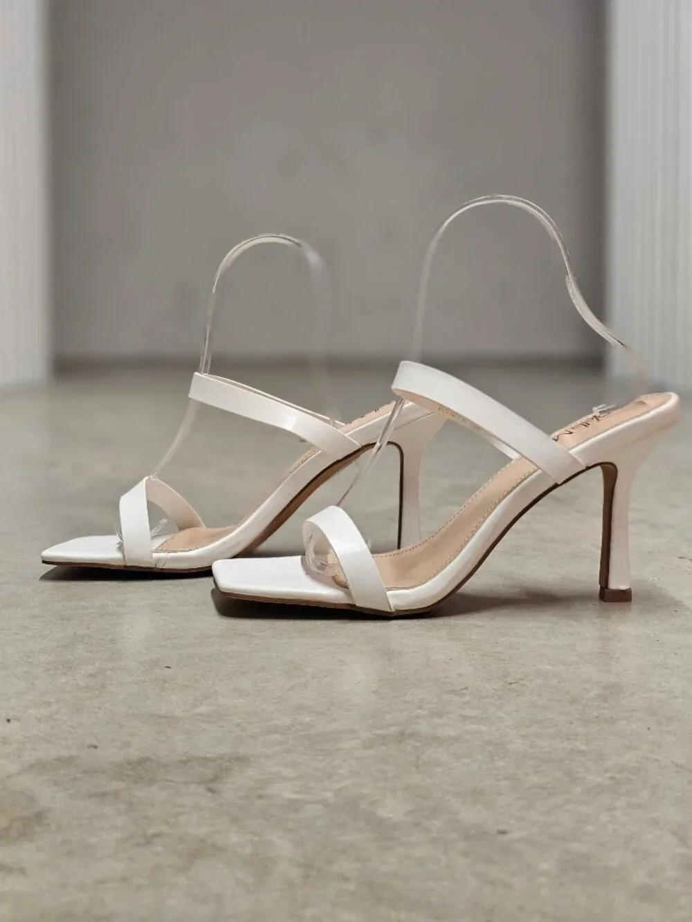 Square Toe White Strappy High Heel Sandals With Double Strap Design For Women - Picture 10 of 13
